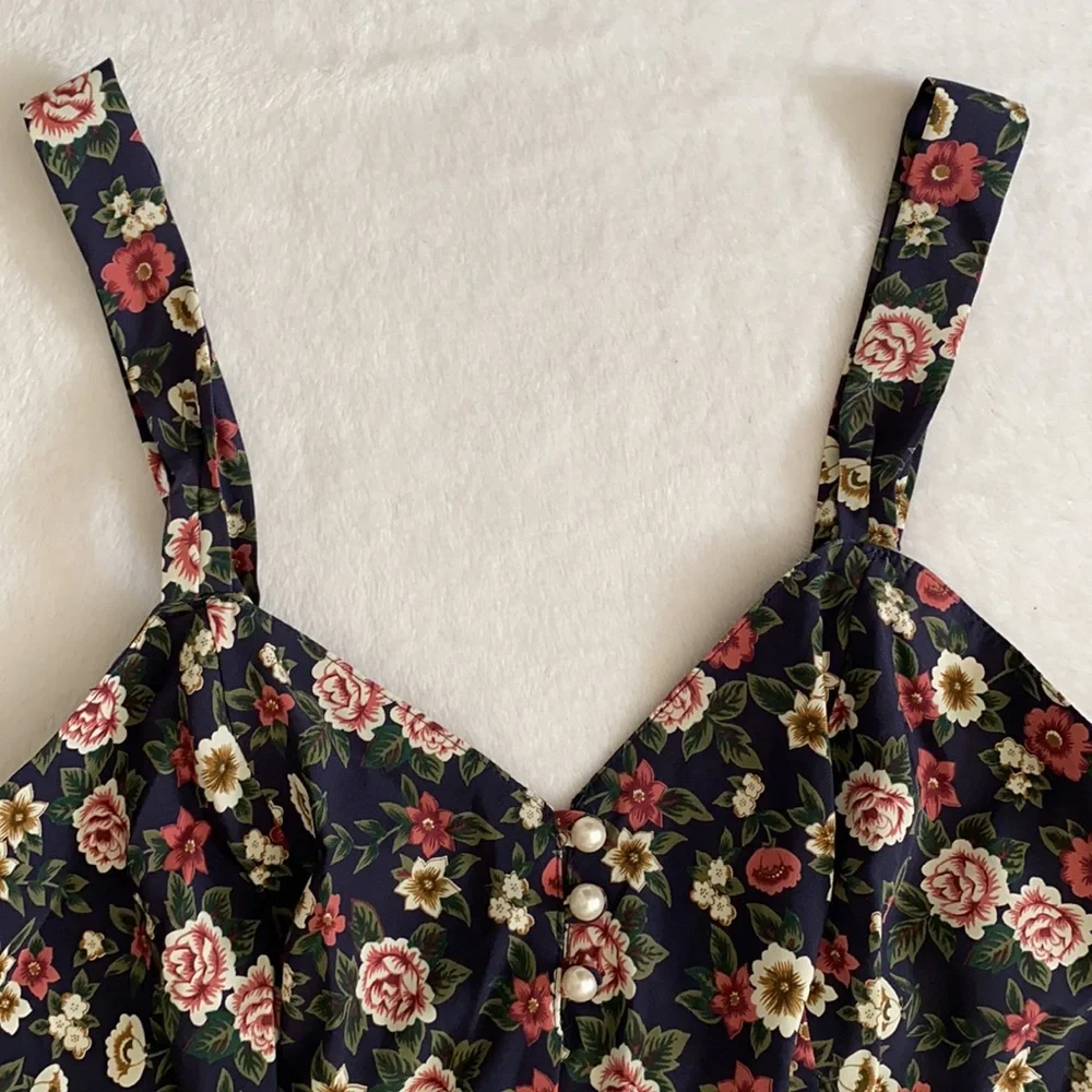 {NWT/VTG} Lingerie Cacique | Dark Floral Satin Pajama Sleep Romper Blue (S) - Picture 3 of 16